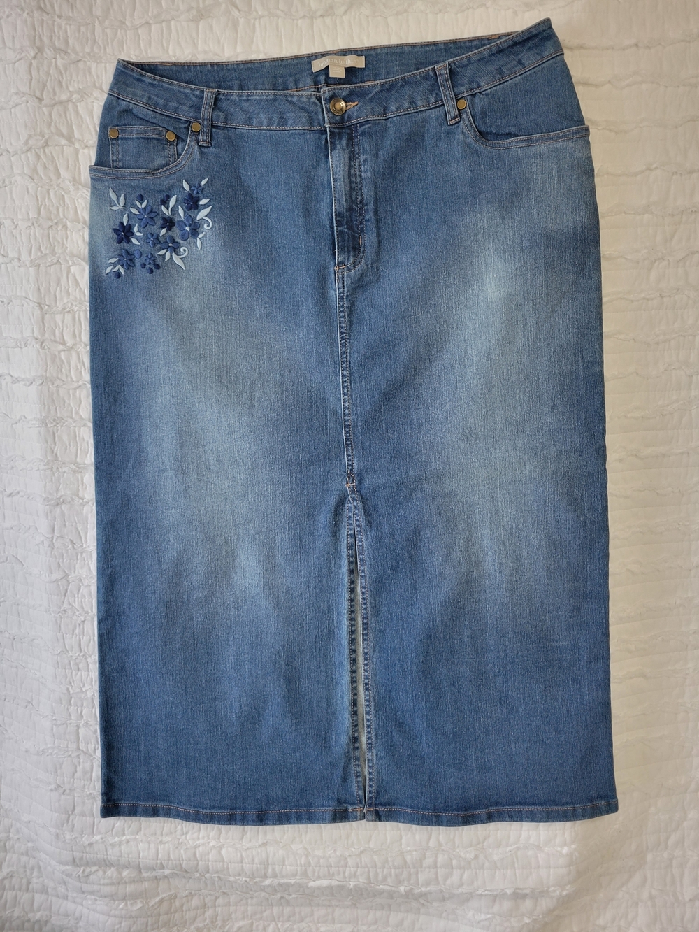 Woman Within Blue Denim Midi Skirt with Embroidered Floral Accent